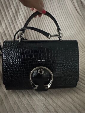 Jimmy Choo Black Croc-Embossed Leather Top Handle Satchel with Silver Hardware
